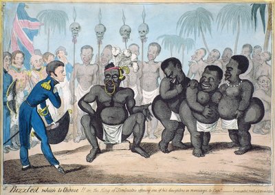 Puzzled which to Choose!! Or the King of Tombuctoo offering one of his daughters in marriage to Capt.___. Anticipated result of an African Mission, published in 1821 by G. Humphrey, 1818 by Capt. E. Judel